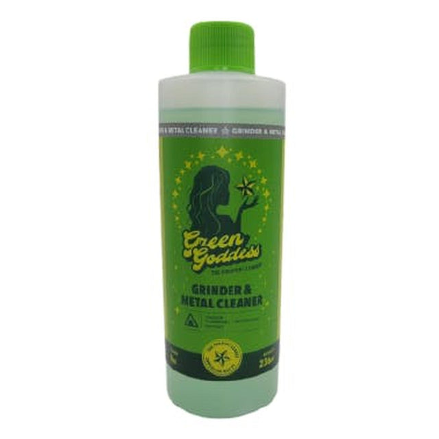 Green Goddess Metal & Grinder Cleaner - 8oz bottle with green cap and label, designed for eco-friendly cleaning of grinders and metal parts.