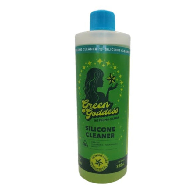 Green Goddess Silicone Cleaner - 12oz bottle designed for cleaning silicone pipes, featuring a blue cap and eco-friendly formula for efficient, safe maintenance.