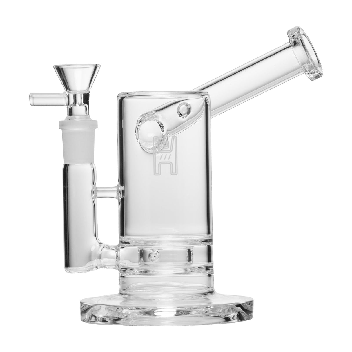 6 Sidecar - Clear glass bubbler with an hourglass-shaped base, side-mounted mouthpiece, fixed downstem, and removable bowl, designed for efficient smoke filtration.