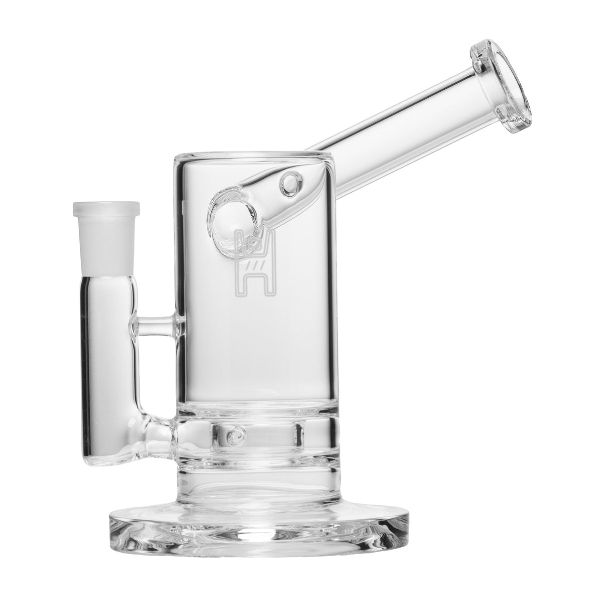 6 Sidecar - Clear: A compact, clear-glass water pipe with a sculpted hourglass base and unique side-mounted mouthpiece, designed for smooth airflow and modern style.