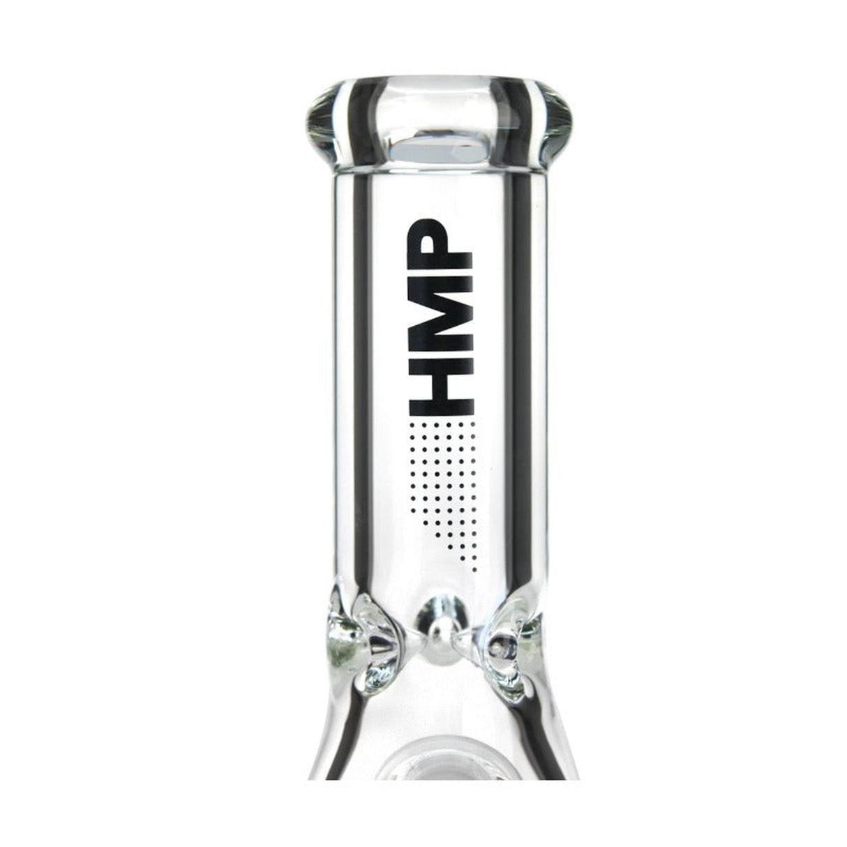 10 Glass Beaker Bong - Heavy Duty Collection featuring a clear glass upper section with mouthpiece, straight chamber, and HMP logo, highlighting durable design.