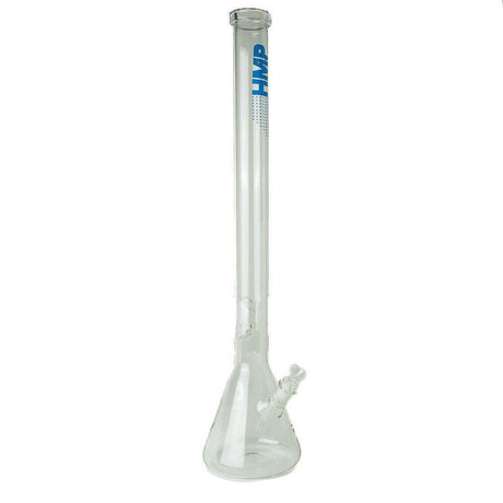 26 Glass Bong Beaker with removable down-stem, ice pinch, and blue HMP logo, offering stability and smooth filtration through borosilicate glass.
