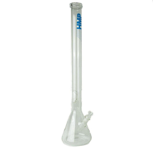 26 Glass Bong Beaker with removable down-stem, ice pinch, and blue HMP logo, offering stability and smooth filtration through borosilicate glass.