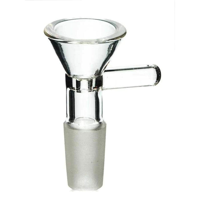 HMP Cone / Martini Bowl (14mm) made of clear glass, featuring a funnel shape with handle, designed for smooth airflow and easy cleaning in water pipes.