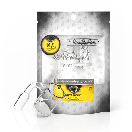 Male Bucket Banger - 90 degree - 14 mm - White, featuring a clear plastic container with a yellow label, highlighting its durability and universal fit.