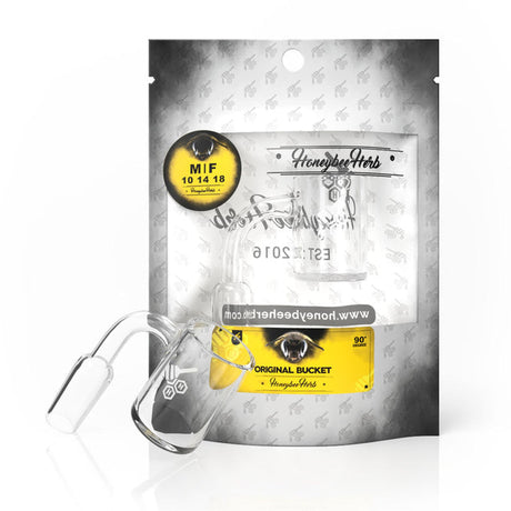 Male Original Bucket Banger - 90 degree - 14 mm - White, featuring a thick quartz design for optimal dabbing, alongside a glass beaker for enhanced performance.