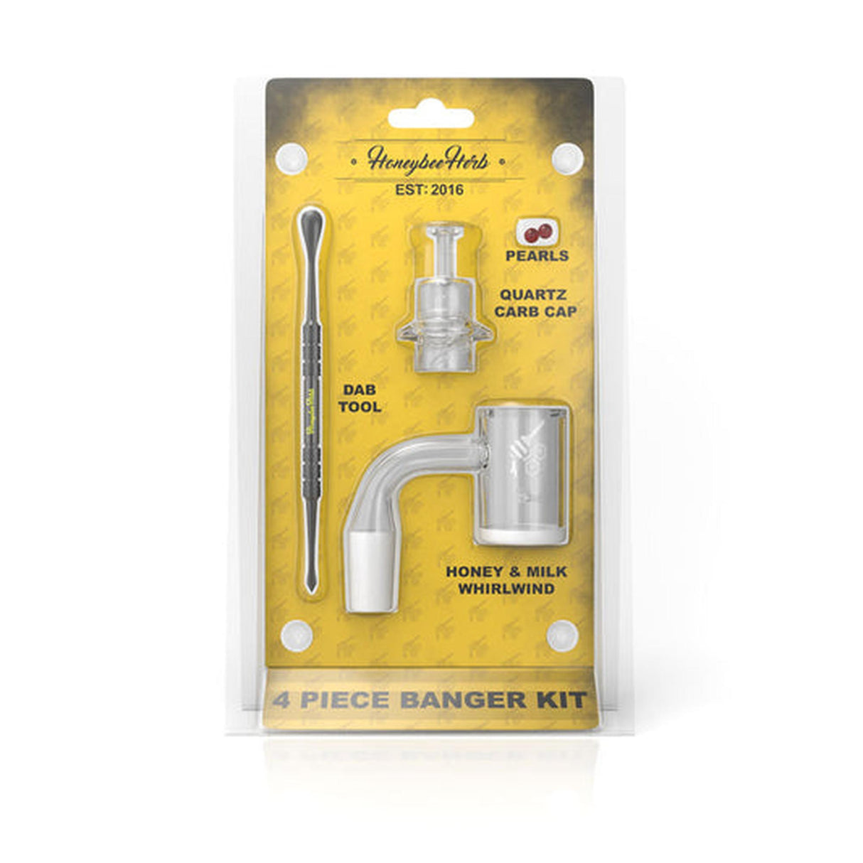 Quartz Banger Kit Set (4 pcs) in packaging, showing a tool close-up and plastic tube handle; includes Quartz Banger, Dabber Tool, Honey Pearls, and Carb Cap.