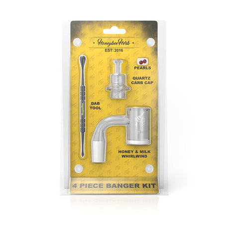 Quartz Banger Kit Set (4 pcs) in packaging, showing a tool close-up and plastic tube handle; includes Quartz Banger, Dabber Tool, Honey Pearls, and Carb Cap.