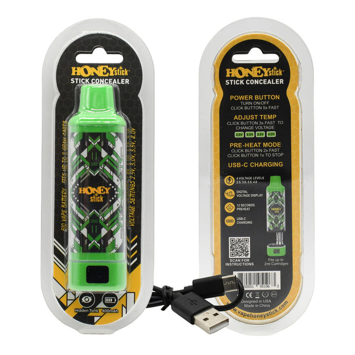 Clear Concealer 510 Thread Battery - 15 units, featuring a compact design, USB-C charging, and four power settings, suitable for various cartridge sizes.