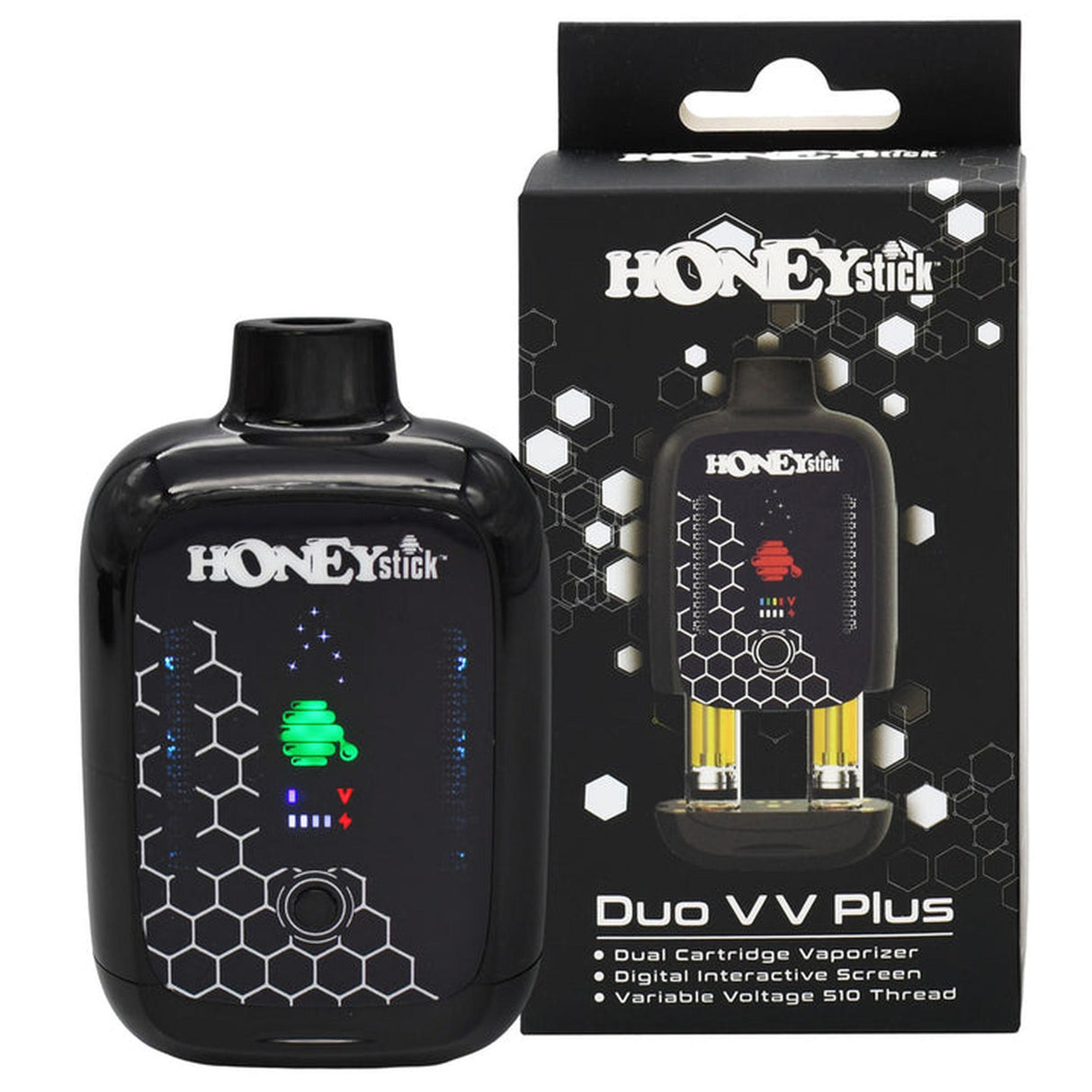 HoneyStick Duo Auto Draw VV Plus 510 Battery in black with dual cartridge slots, digital screen, and sleek design, displayed with retail box.