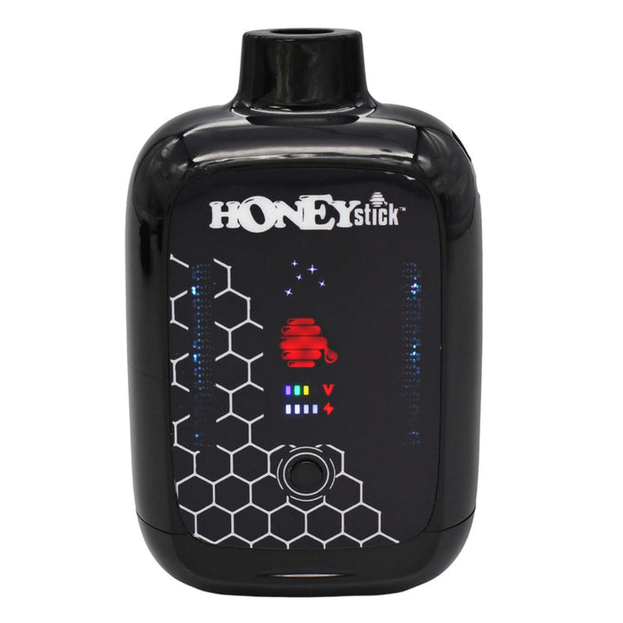 HONEystick DUO Auto Draw VV Plus 510 Battery with honeycomb design, LED bars, and a single button, featuring dual cartridge compatibility and compact, buttonless operation.