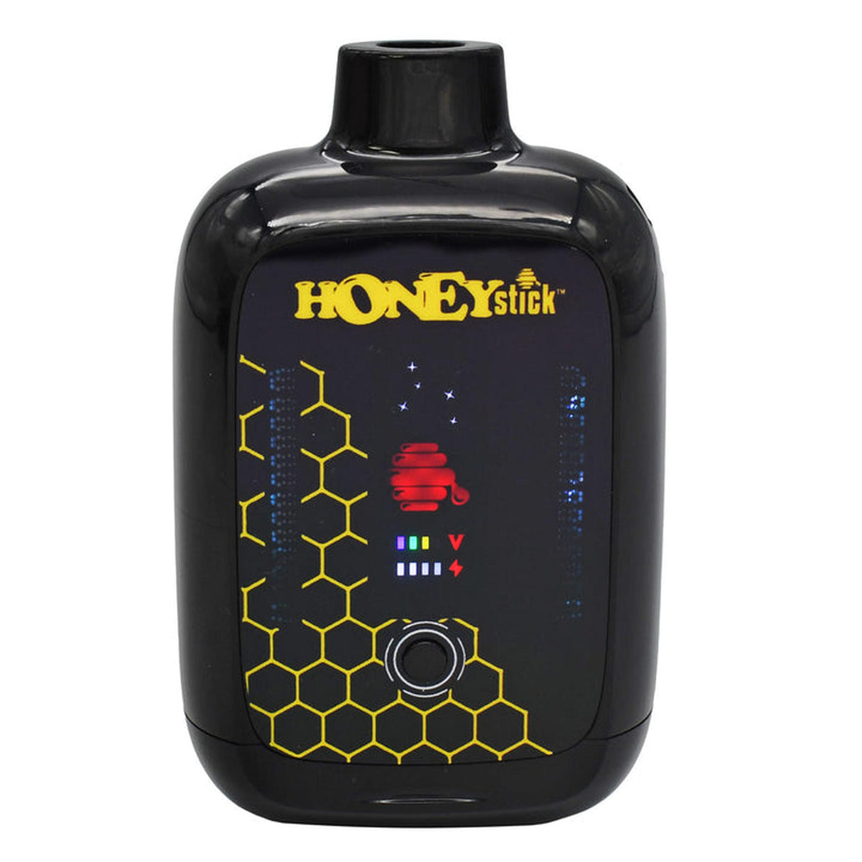HONEystick Duo Auto Draw VV Plus 510 Battery—compact black device with yellow honeycomb design, LED indicators, and mouthpiece for versatile, buttonless vaping with dual cartridge capability.