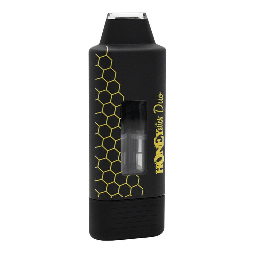 HoneyStick DUO cartridge 510 Thread Battery with black rectangular design, yellow honeycomb graphics, and dual cartridge visibility through a window for oils and waxes.