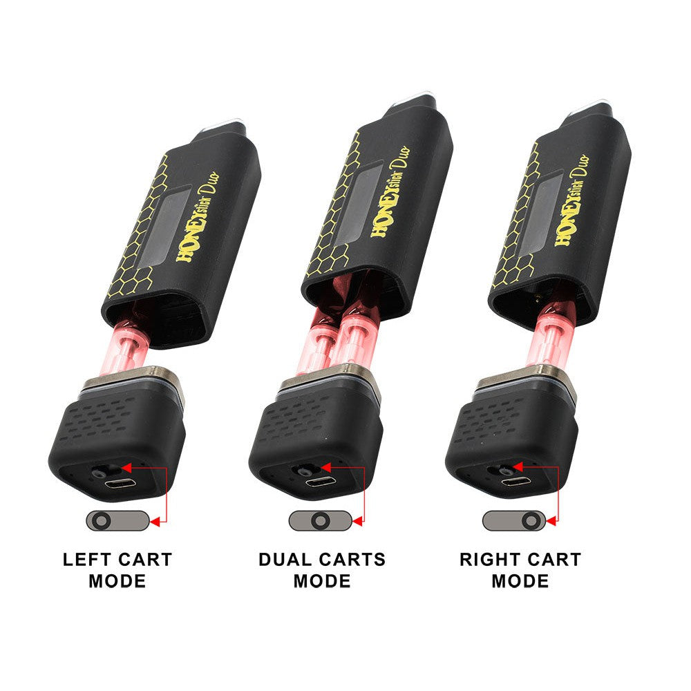 HoneyStick DUO 510 Thread Battery showing slide positions for single or dual cartridges with visible USB-C charging port.