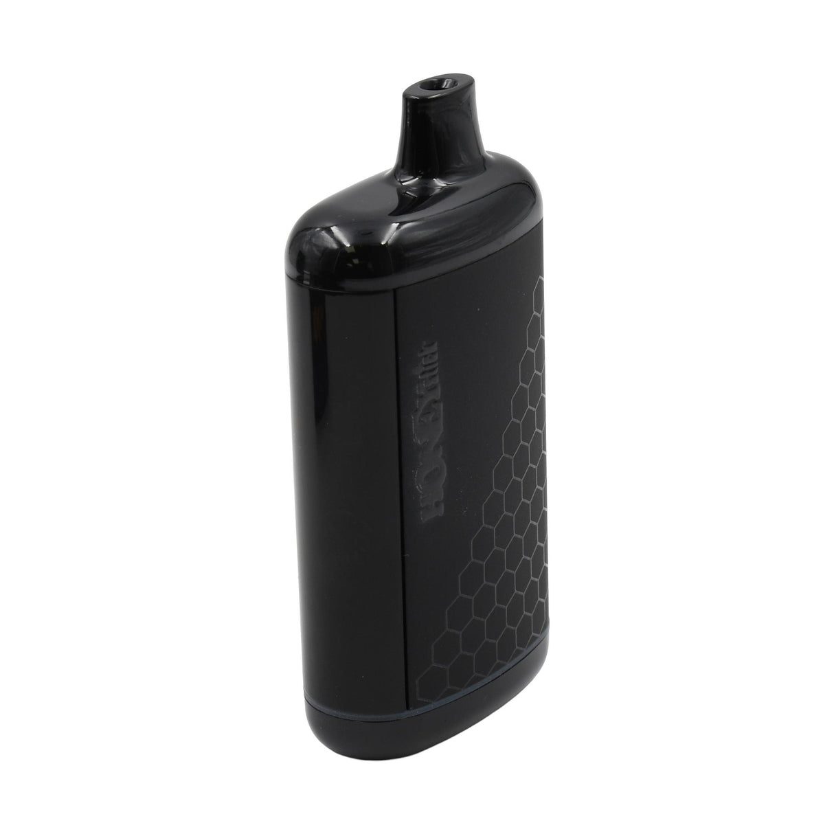 Glossy black vape device with honeycomb pattern; buttonless, draw-activated, compatible with 510 cartridges. Features a built-in mouthpiece and discreet design for portability.