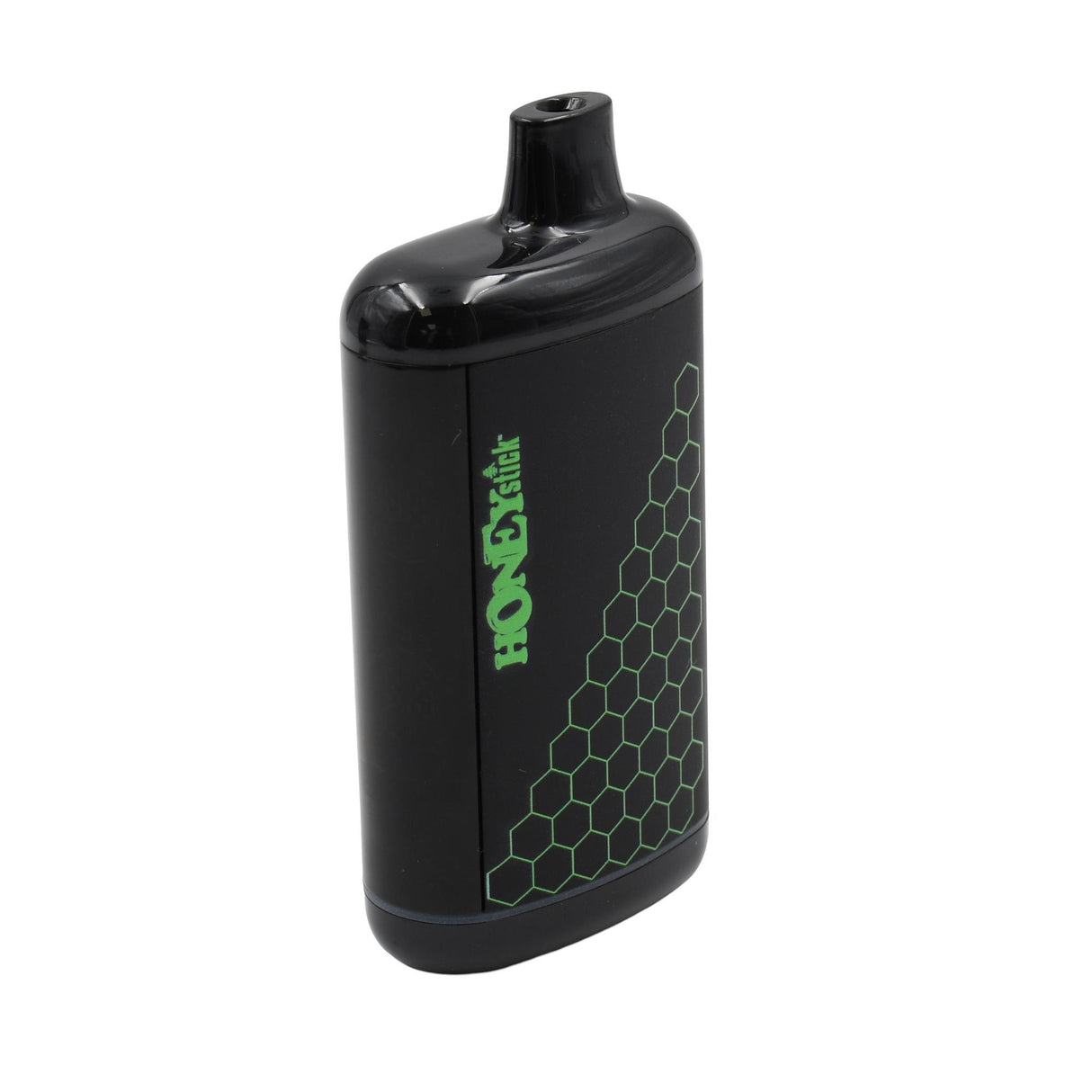 HoneyStick Interactive 510 Battery: Glossy black vaporizer with built-in mouthpiece and green honeycomb graphics, designed for convenient, buttonless vaping with 510 cartridges.