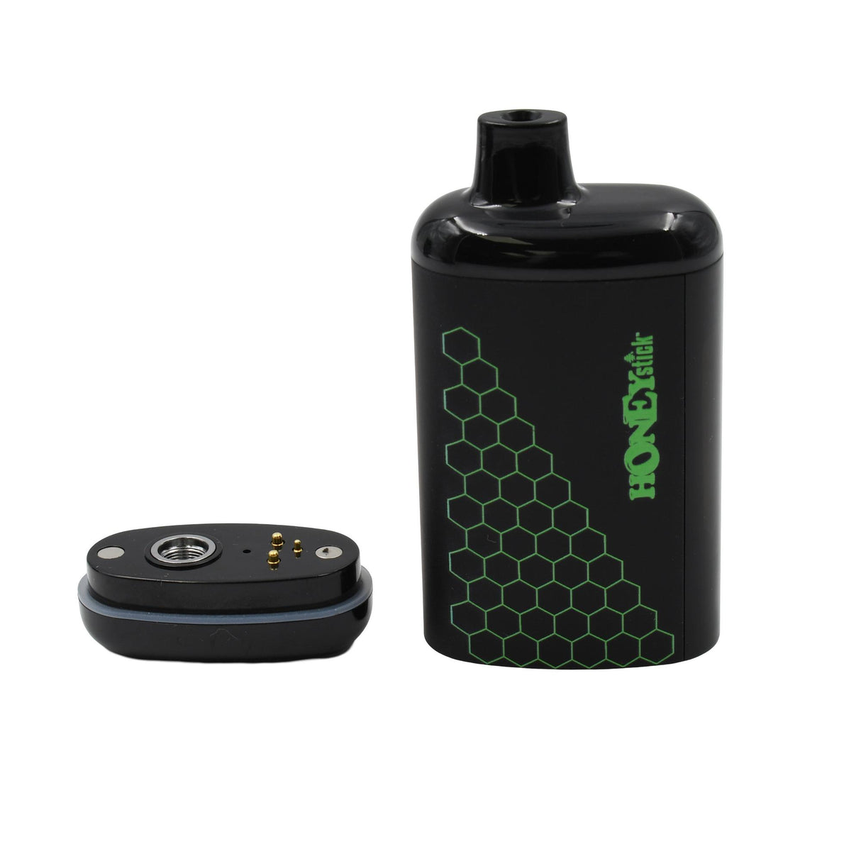 Interactive Concealer 510 Battery - Multicolor: A sleek, matte black handheld vaping device with a green honeycomb pattern and HONEYstick branding, featuring a detachable tank/mouthpiece.