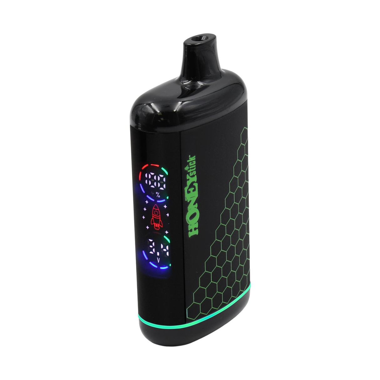 HoneyStick Interactive Concealer 510 Battery - Multicolor: Black, rounded-rectangle vaporizer with green hexagon graphics, LED display, and mouthpiece, enhancing vaping with adjustable voltage and universal compatibility.