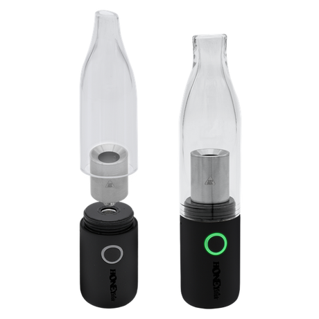 HoneyStick Lil Ripper E-Rig close-up, showcasing its sleek design, glass mouthpiece, and black container, highlighting its portable and powerful vaping functionality.