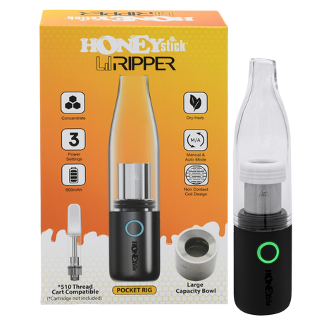 HoneyStick Lil Ripper E-Rig in packaging, showcasing its sleek black and silver design with accessories visible, tailored for wax and dry herb vaping.