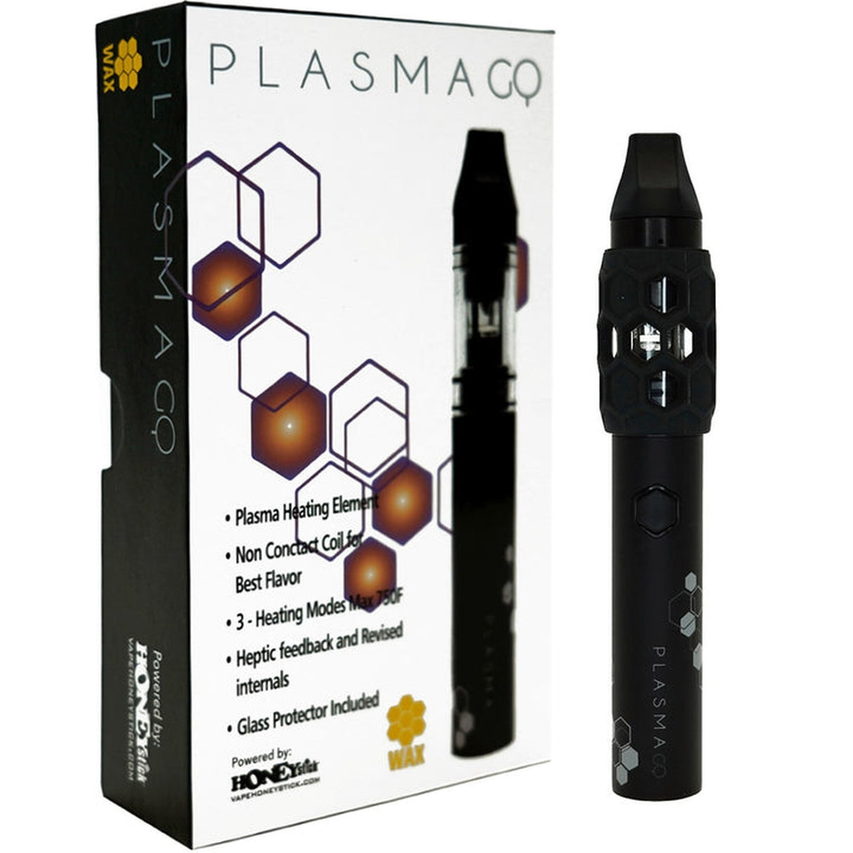Plasma GQ 2.0 Wax Vape Pen in its packaging, featuring a sleek design, durable glass bowl, and high-capacity battery for versatile concentrate vaporization.