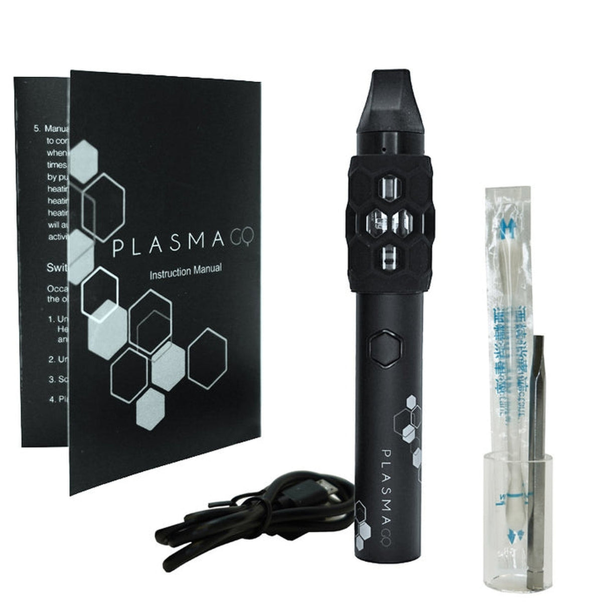 Plasma GQ 2.0 Wax Vape Pen with quartz bowl, black cylinder, and manual, featuring adjustable temperature settings for optimal concentrate vaporization.