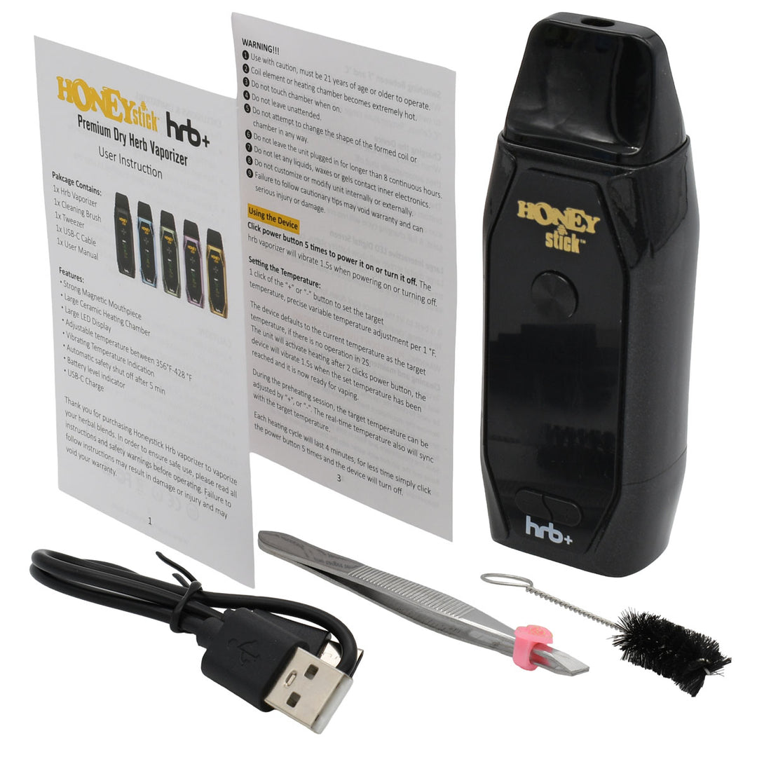 HoneyStick HRB+ Dry Herb Vaporizer kit includes device, user manual, USB-A cable, tweezer tool, and coil-cleaning brush for comprehensive use and maintenance.