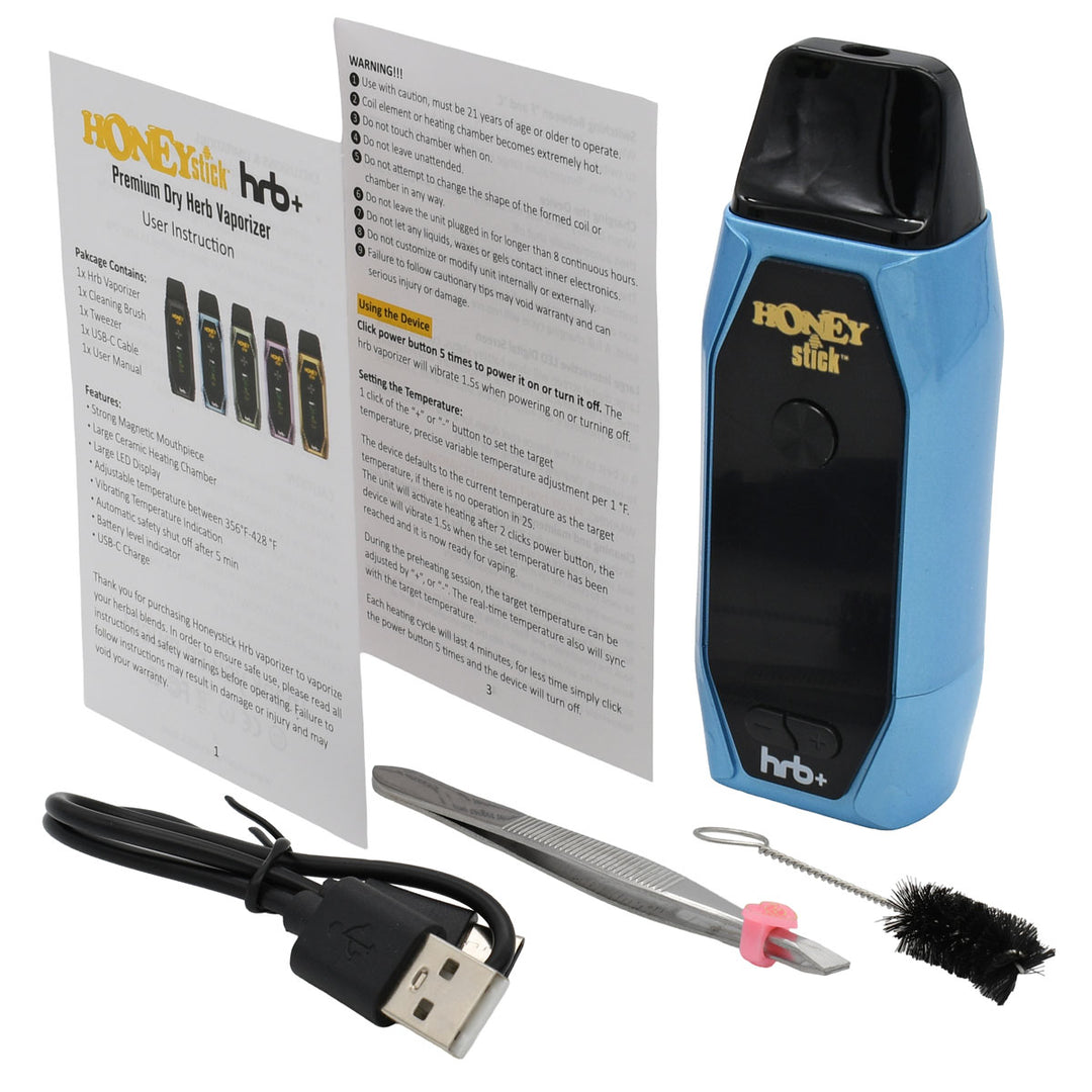HoneyStick HRB+ Dry Herb Vaporizer kit with device, user manual, USB-C cable, tweezers, cleaning brush, and silicone band for easy use and maintenance.