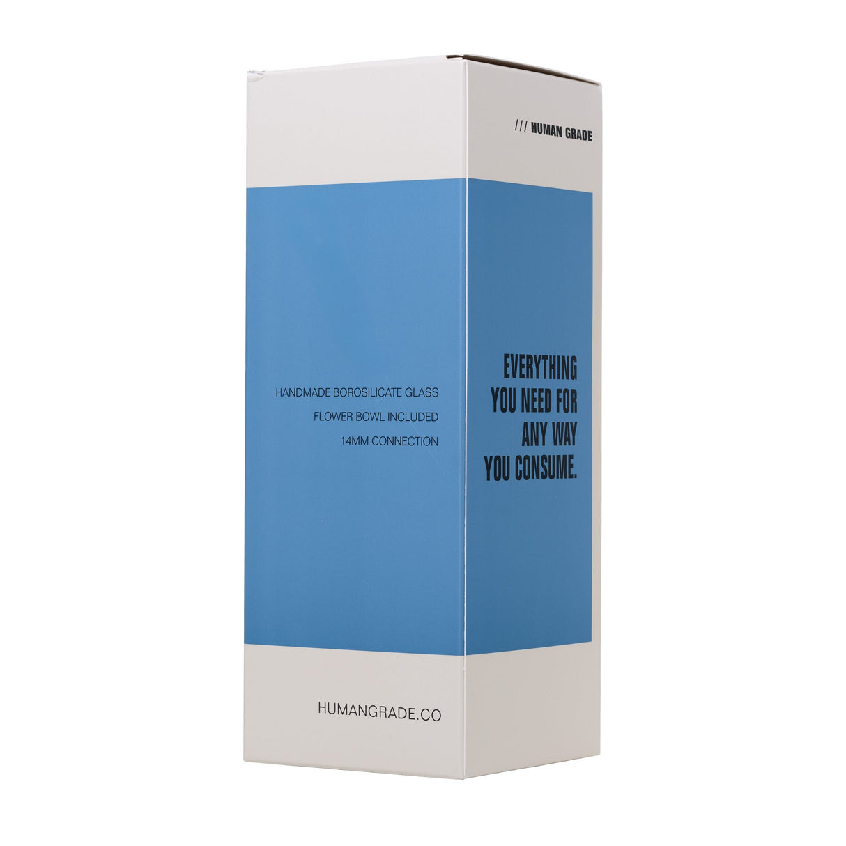 12 Ball Bong - Clear: Tall retail box containing a handmade borosilicate glass water pipe with a 14mm connection, emphasizing durability and smooth functionality.