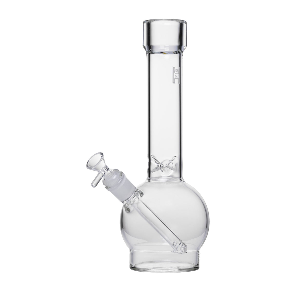 12 Ball Bong - Clear glass water pipe with a straight tube, round base, and detachable bowl. Features a 14mm joint and handcrafted borosilicate construction.