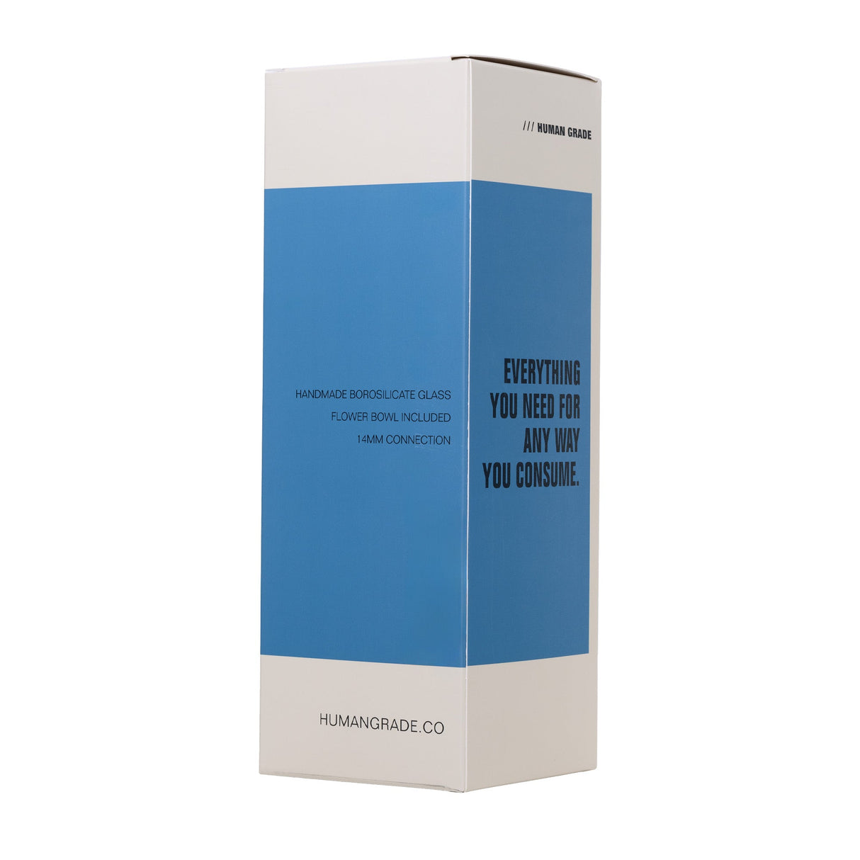 12 Tube Bong - Clear: Tall retail box for a borosilicate glass bong with a flower bowl and 14mm connection, highlighting modern performance and classic form.