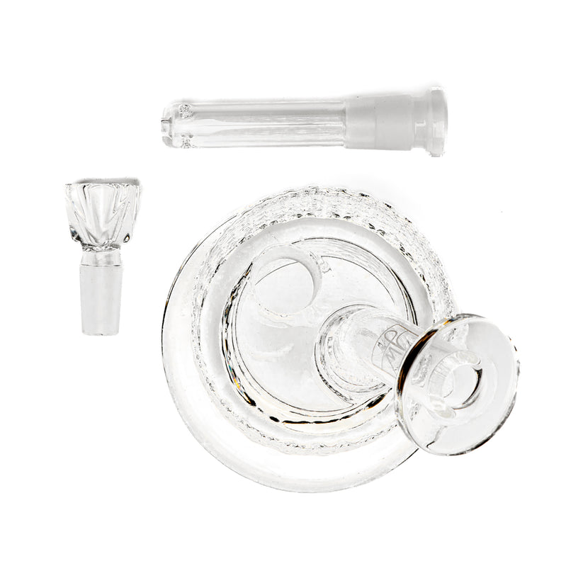 Twenties Collection Bubbler components: a funnel bowl, straight down-stem, and spiral percolator ash catcher, designed for smooth assembly and versatile use.