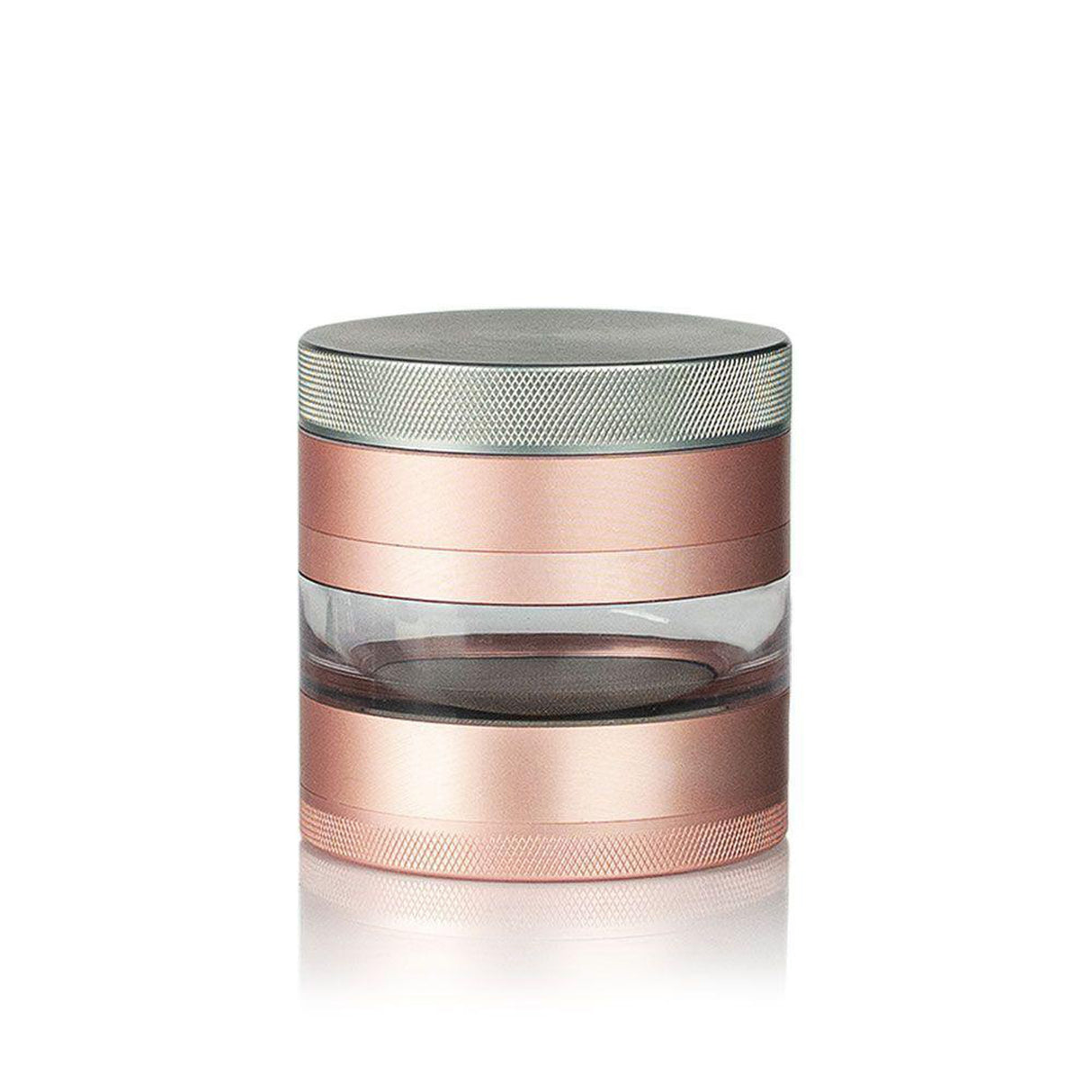4pcs Aluminum 2.2 GR8TR Jar Body Grinder with Storage, featuring a multi-piece rose-gold metal design, clear middle section for visibility, and secure magnetic lid.