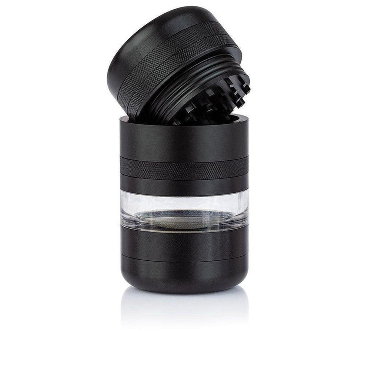 GR8TR Jar Body Grinder 2.2 features a multi-piece, cylindrical design with sharp teeth, sifting chamber, and collection base for efficient herb grinding.