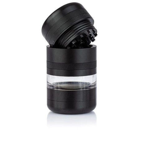 GR8TR Jar Body Grinder 2.2 features a multi-piece, cylindrical design with sharp teeth, sifting chamber, and collection base for efficient herb grinding.