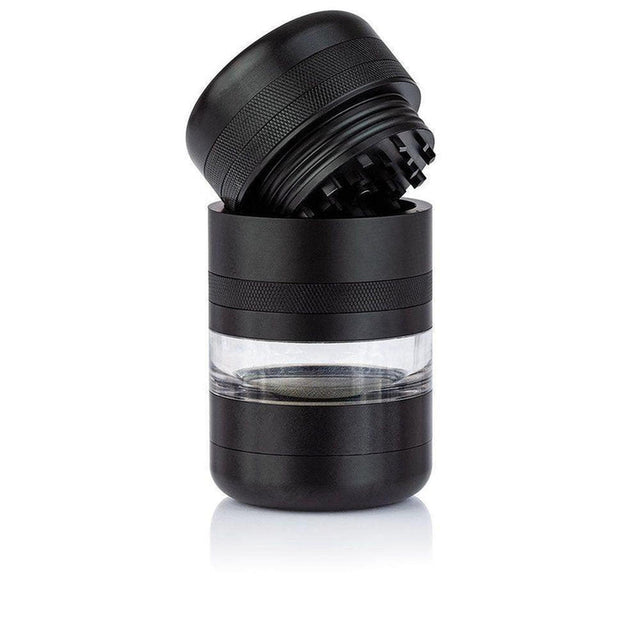 GR8TR Jar Body Grinder 2.2 features a multi-piece, cylindrical design with sharp teeth, sifting chamber, and collection base for efficient herb grinding.