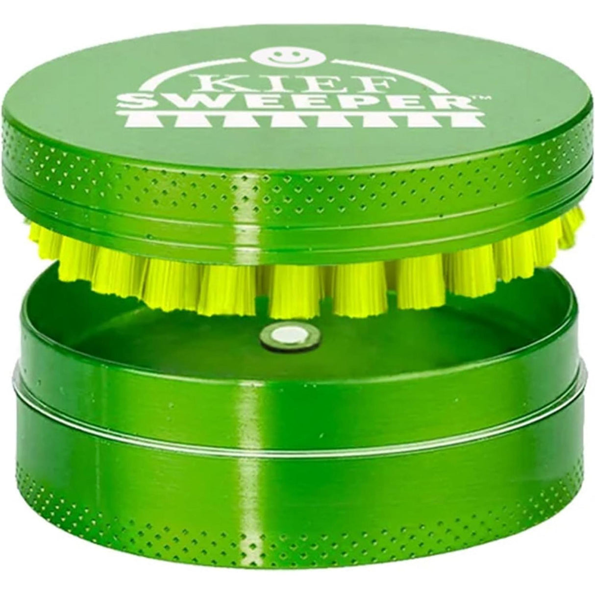 Compact Kief Sweeper Brush: metal two-piece grinder with smiley logo lid, revealing nylon-bristle brush and lower chamber for collecting sifted kief, ensuring smooth, efficient use.