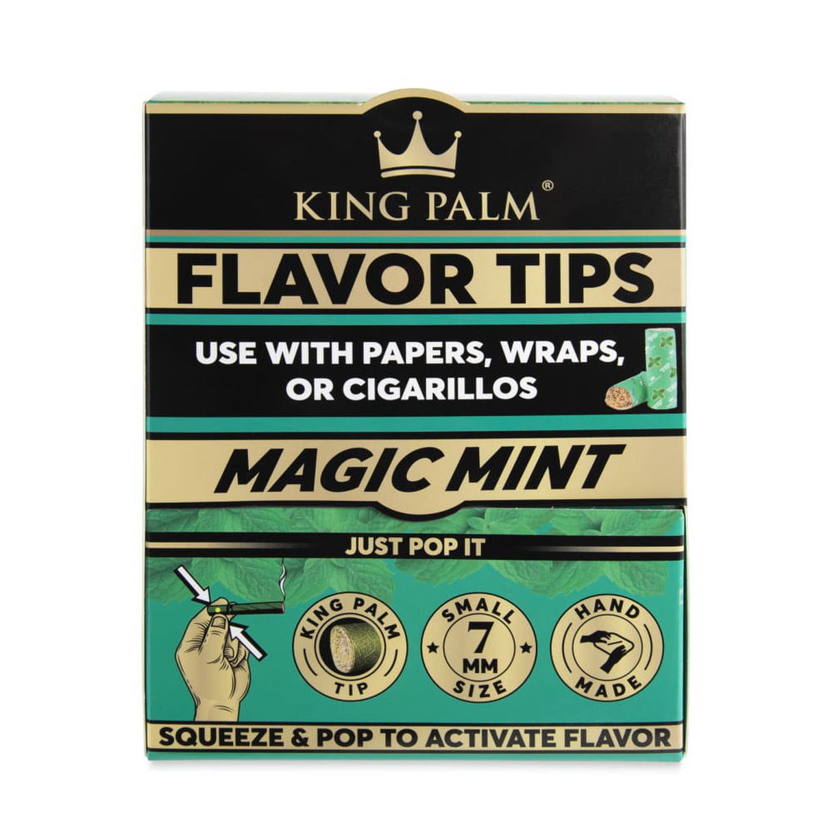 Flavoured Filter Tips Display Box - 2 pack (Carton of 50), featuring King Palm logo, ideal for enhancing joints with flavor beads in corn husk filters.