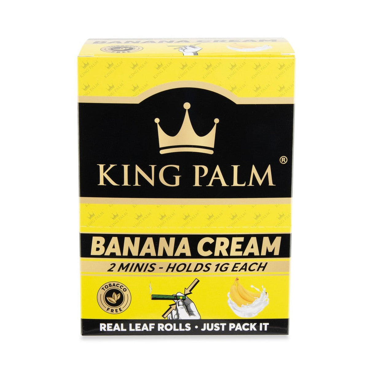 Mini Pre-Rolled Cones, 2 pack, 20 units, Banana Cream Flavored, featuring terpene-infused flavor capsule and logo on a yellow and black box.