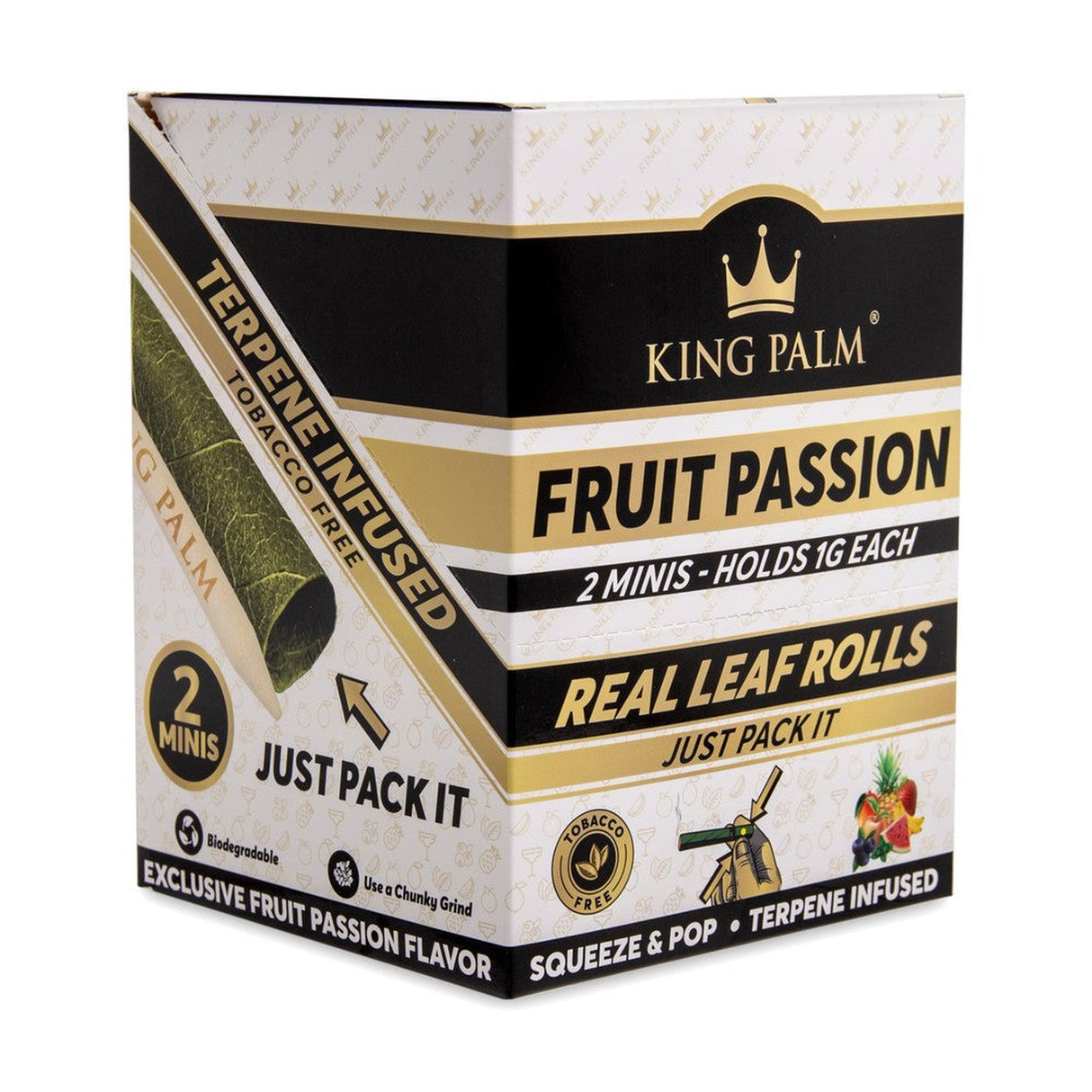 Mini Pre Rolled Cone - 2 pack - 20 units - Passion Fruit Flavoured, featuring packaging with a logo and a hand holding a cone, highlighting terpene flavor capsule technology.
