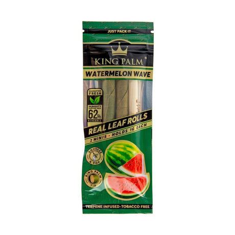 Package of King Palm's Watermelon Wave Mini Pre Rolled Cones, 2-pack, featuring a flavor-infused capsule for a fruity smoking experience.