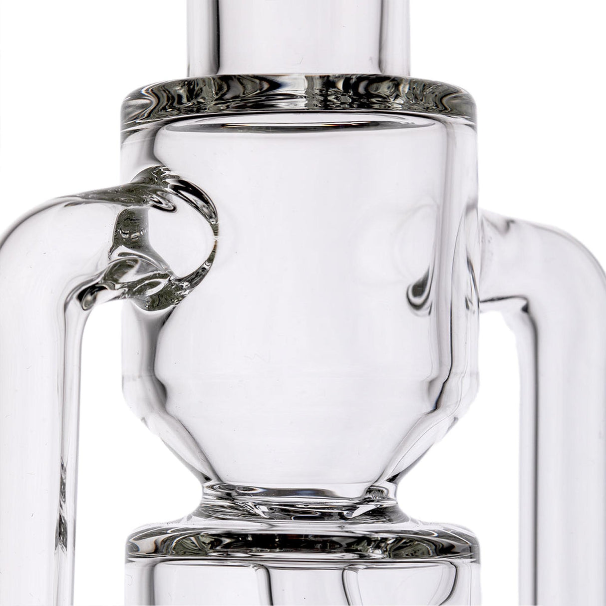 Close-up of the Apex Mini Rig from the Alpine Collection, showcasing its clear borosilicate glass with double uptake recycler system and sleek design.
