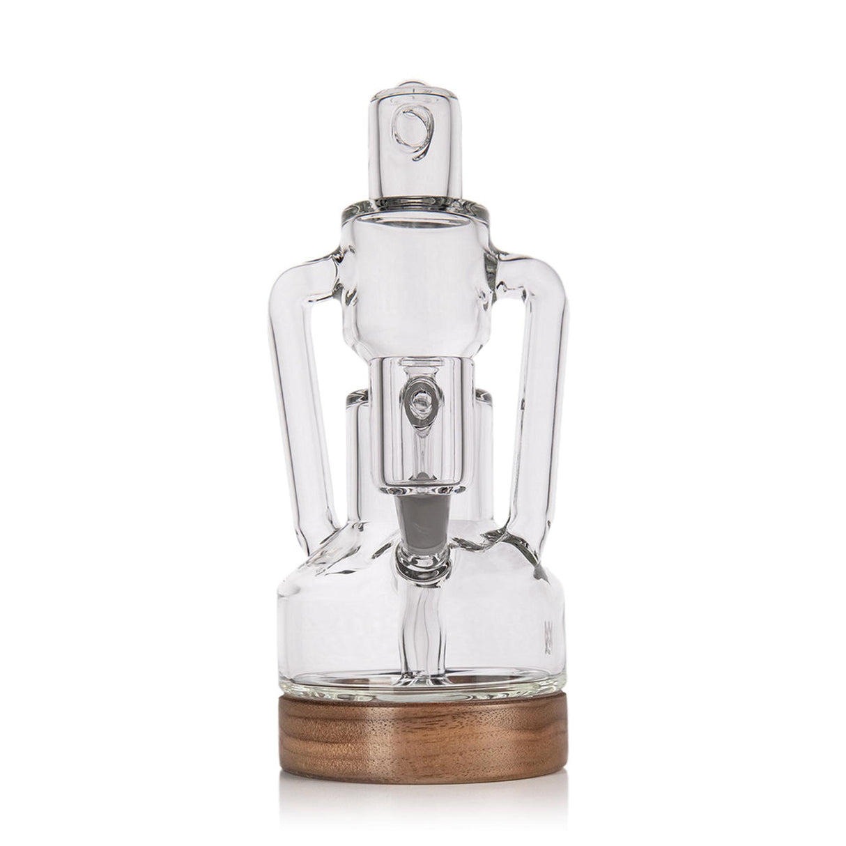 Apex Dab Rig - Alpine Collection: Compact glass recycler with dual side arms, internal percolation chamber, and black walnut accents on a wooden base, enhancing filtration.