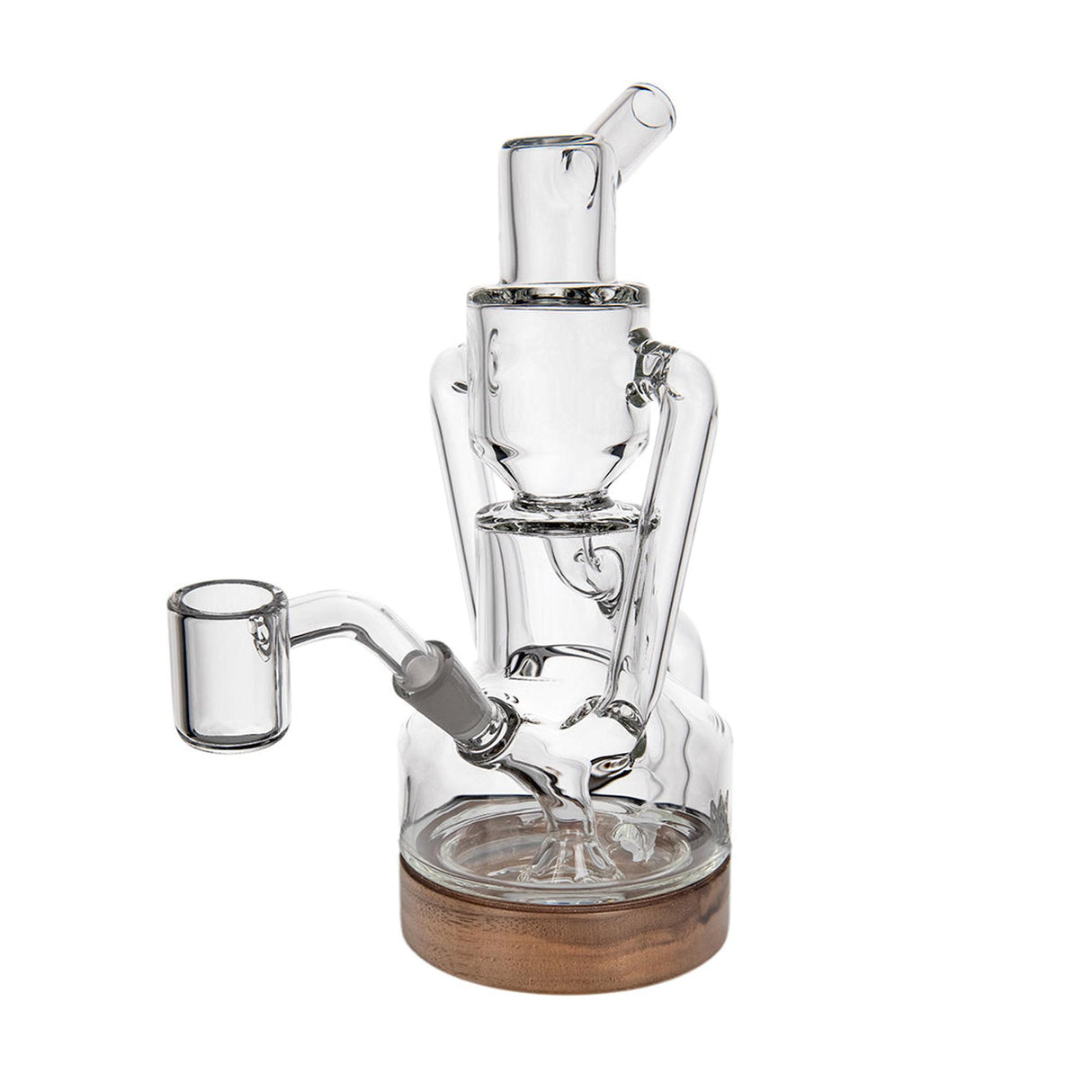 Apex Dab Rig - Alpine Collection: Compact glass rig with quartz banger, recycler percolation chamber, and walnut base, designed for smooth, flavorful concentrate vaporization.