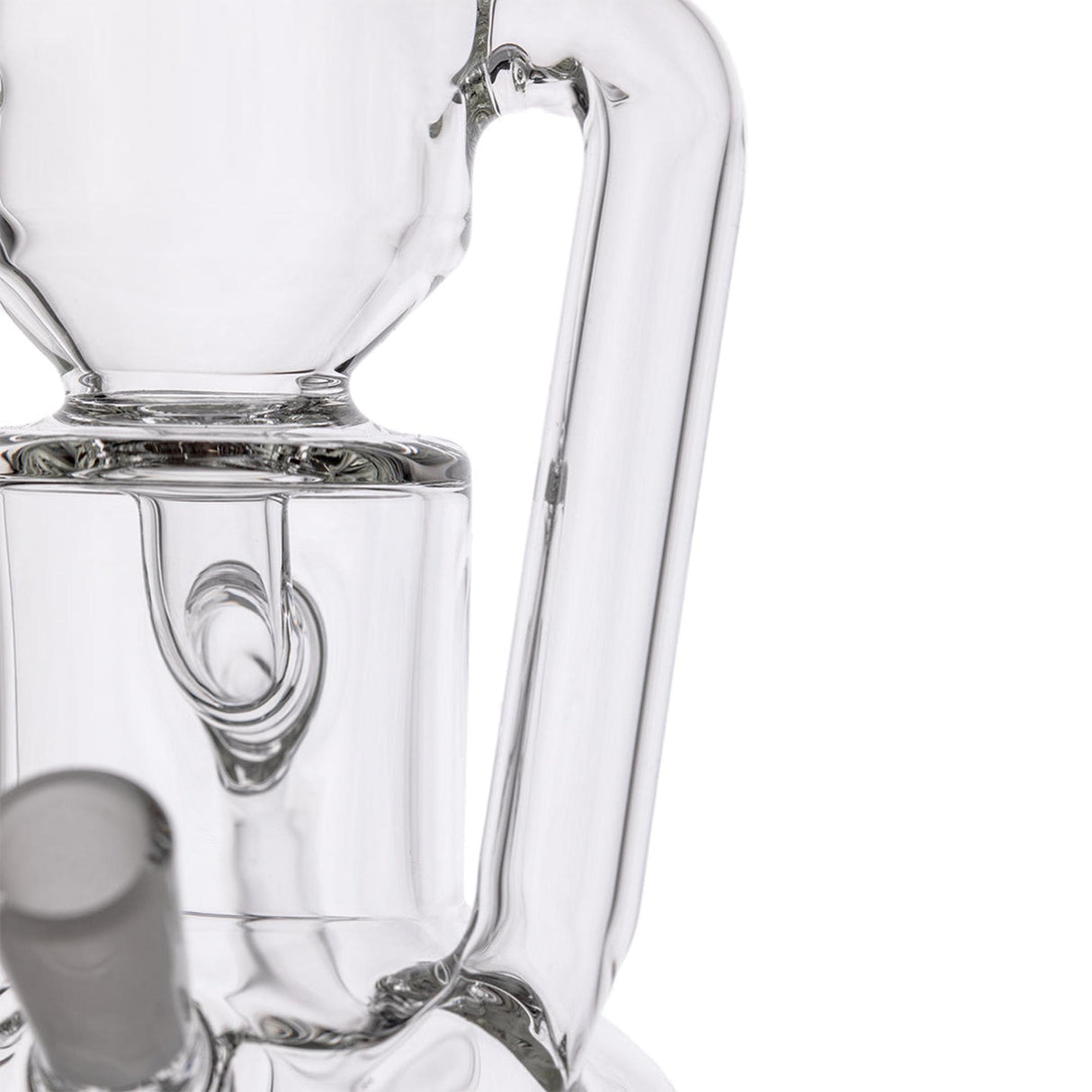 Close-up of Apex Dab Rig - Alpine Collection showcasing its multi-chambered glass design, featuring a percolator and vertical tube with an angled joint for attachments.