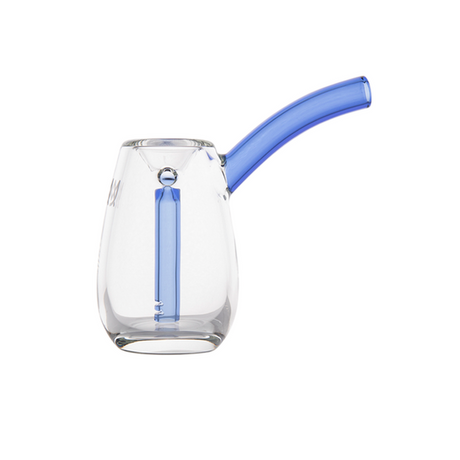Bulb Bubbler: Clear glass with blue downstem and mouthpiece, compact and durable, designed for smooth, water-filtered use. Perfect for on-the-go filtration.