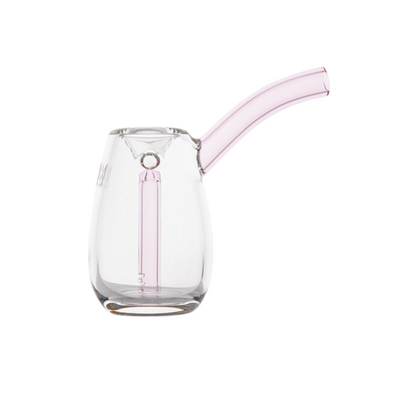 Bulb Bubbler: Small clear glass water pipe with angled pink mouthpiece and internal percolation tube, designed for smooth, water-filtered smoking.