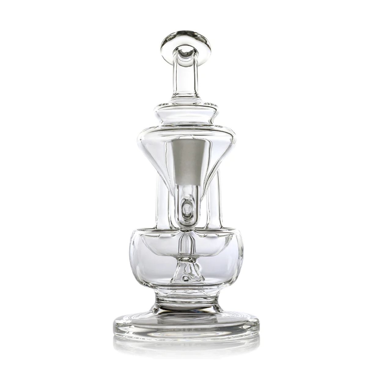 Claude Mini Dab Rig - Clear glass design with internal recycler, twin turbines, and splash guard for smooth vapor cooling; compact borosilicate structure with asymmetrical aesthetics.