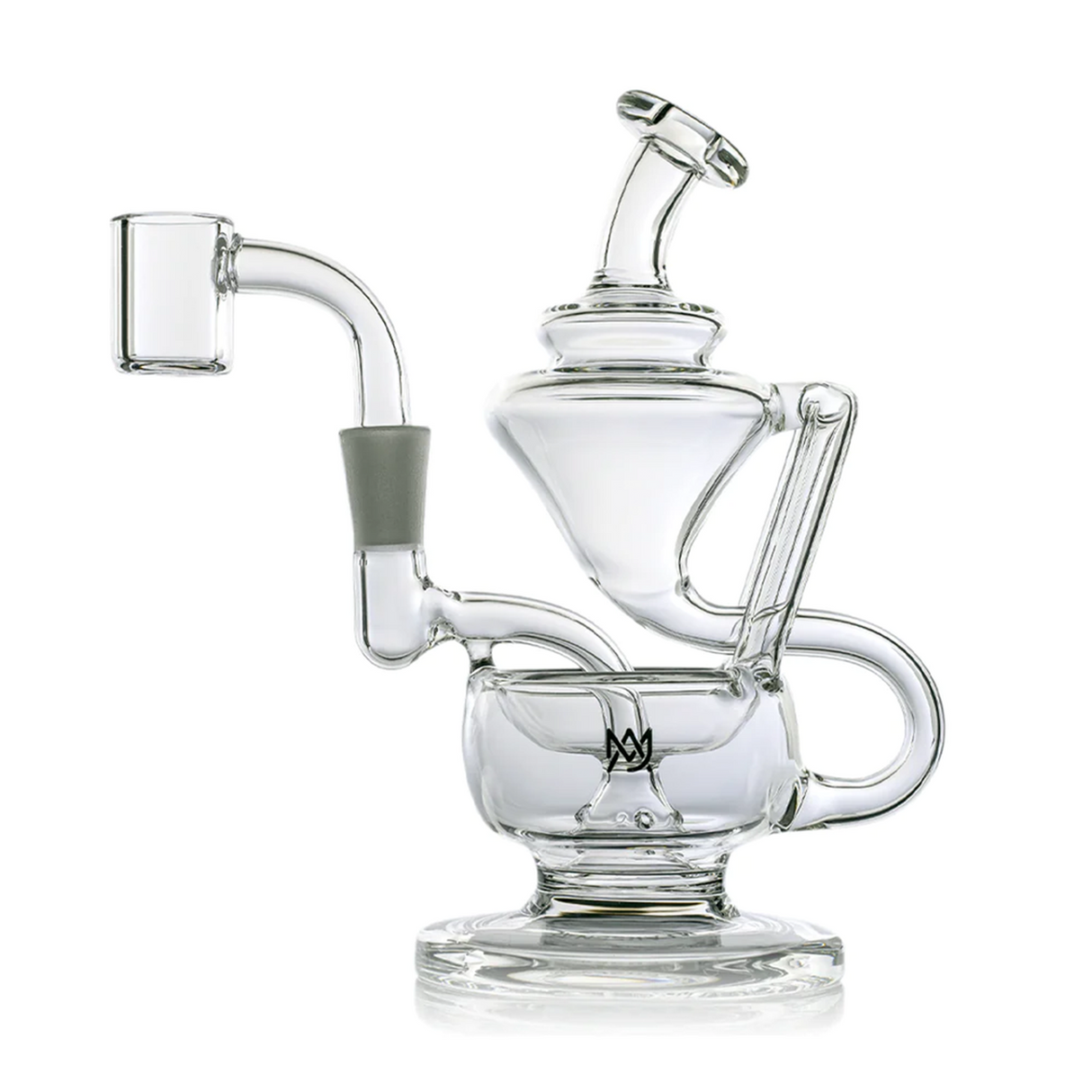 Claude Mini Dab Rig - Clear, featuring a water-filled base, recycler loop, conical chamber, bent neck, and quartz banger for smooth vaporizing of concentrates.