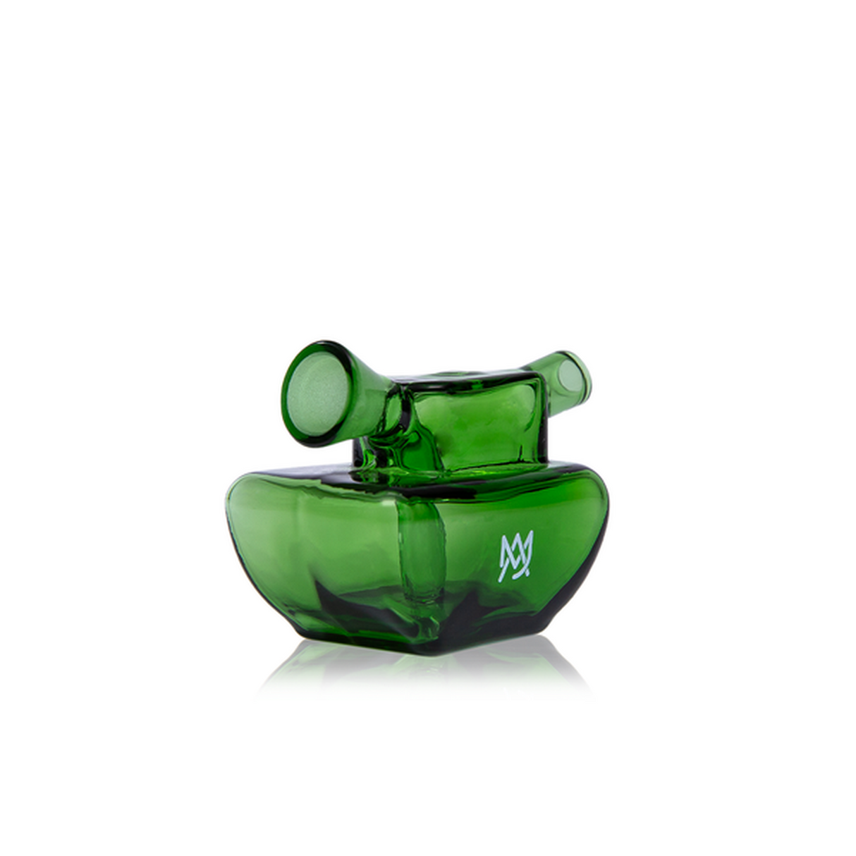 Commander Blunt Bubbler shaped like a military tank with a short barrel, featuring thick green glass, a frosted port, and a logo on the side.